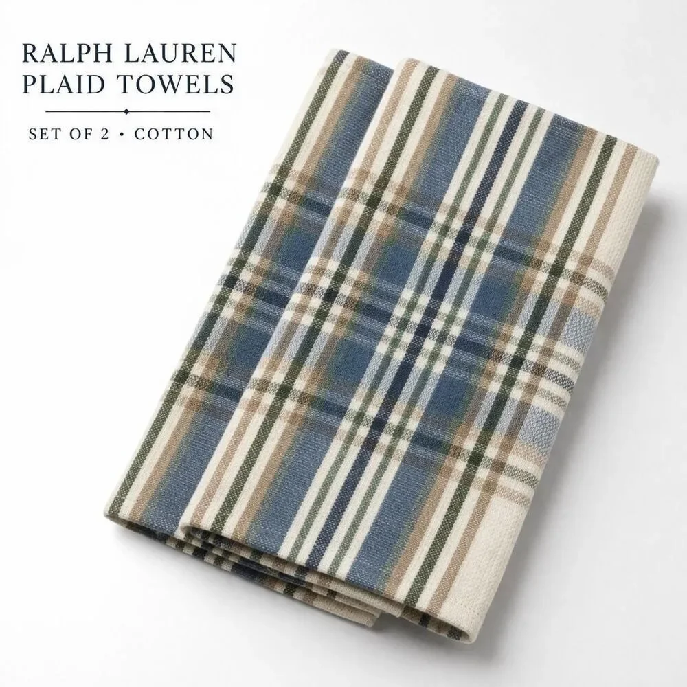 Lauren Ralph Lauren Blue Tan Plaid Kitchen Towels Set 2 Cotton 17x28 NWT